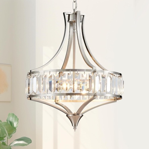 Crystal Dining Room Chandelier Light Fixture, Modern Round Brushed Nickel Chandeliers for Kitchen Hallway Bedroom Foyer Living Room, 4-Light Farmhouse Adjustable Height Hanging Light, 16 Inch - Lot 2248