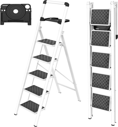 HBTower Step Ladder, 5 Step Ladder Folding Step Stool with Tool Platform, Portable Sturdy Steel Ladder for Adults Home Outdoor Kitchen Garage, White - Lot 2254