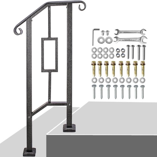 Handrails for Outdoor Steps,Luxury Heavy Duty Handrail Stair Railing Double Post Handrail Fits 1-2 Steps with Installation Kit Wrought Mattle Iron Handrail for Concrete Steps, Porch Steps - Lot 2256