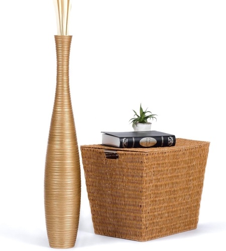 Leewadee Large Floor Vase – Handmade Flower Holder Made of Wood, Sophisticated Tall Vase for Decorative Branches, Pampas Grass and Dried Flowers, 36 inches, Gold - Lot 2257