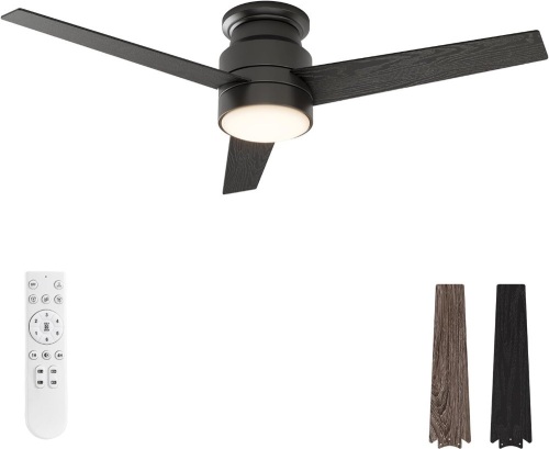 warmiplanet Flush Mount Ceiling Fans with Lights and Remote Control, 52-Inch,3 CCT Dimmable Light, Reversible Noiseless 6 Speeds DC Motor, Timer, Black, 3-Blades - Lot 2258