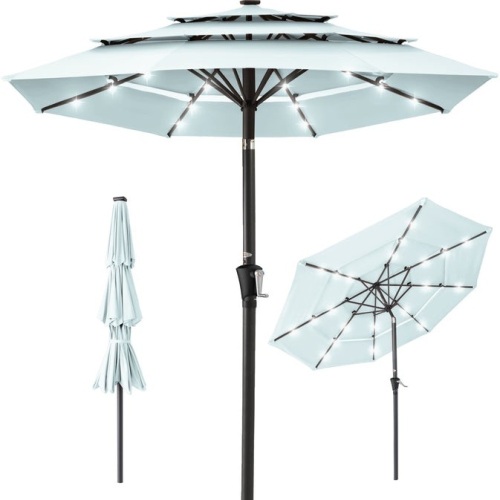 3-Tier Solar Patio Umbrella w/ LED Lights, Tilt Adjustment, Crank - 10ft - Lot 2267