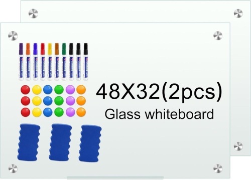 H-Qprobd Glass White Board for Wall Dry Erase Board 48" x 32" (2pcs) Magnetic Presentation Whiteboard for Home, Office and School - Lot 2304