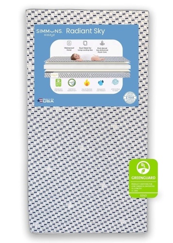 Simmons Kids Radiant Sky Dual Sided Baby Crib Mattress and Toddler Mattress, Waterproof, GREENGUARD Gold and CertiPUR-US Certified, Firm Plant-Based Foam, 5 Year Warranty, Made in USA - Lot 2314