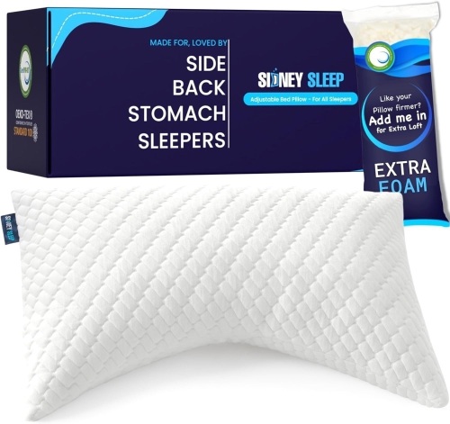 Sidney Sleep Pillow for Side and Back Sleepers - Comfort for Neck and Shoulder Pain - Adjustable and Customizable Shredded Memory Foam Filling - Queen Size - Additional Foam Fill Included (White) - Lot 2315