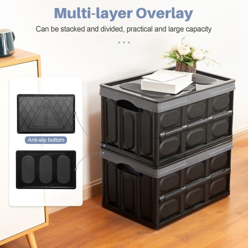 Homde 55L Collapsible Plastic Crates Storage Container with Lids 2 Pack Stackable Storage Bins with Secure Buckles for Clothes, Toy, Grocery, Camping and Garage (55L, Black) - Lot 2316