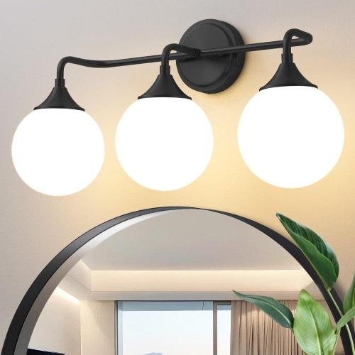 Black Bathroom Light Fixtures, Modern Vanity Lighting Over Mirror, Mid Century Modern Matte Black Wall Sconce 3-Light with Milky White Glass Ball Shades - Lot 2318