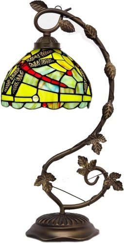 Tiffany Lamp Green Red Dragonfly Stained Glass Table Lamp Metal Leaf Desk Reading Light 8X10X21 Inch Decor Small Space Bedroom Home Office - Lot 2320