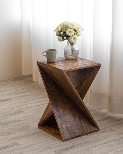 Hand Made One-of-a-Kind Carved Mango Wood Twisted X Shape End Table, Natural - Lot 2322