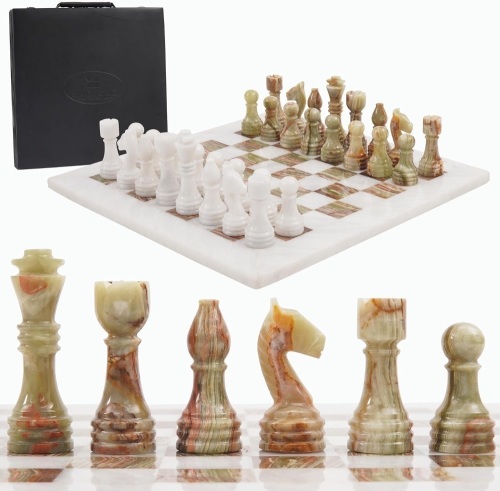 Radicaln Marble Chess Set with Storage Box 15 Inches White and Green Onyx Handmade Board Game 2 Player Classic Chess Sets for Adults- 1 Chess Board & 32 Chess Pieces - Chess Game - Lot 2328