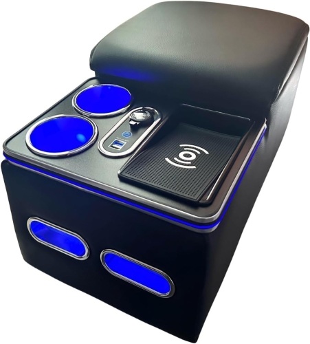 Center Console Armrest Organizer with Wireless Charging Phone Holder & Cup Holders for Car & Minivan & Van Truck Floor Cab Back Bench Seat Storage Box - Black - Lot 2334