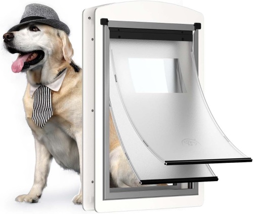 Large Dog Door for Door, Steel Dog Door for Exterior Door with Telescoping Tunnel, Magnetic Double Flaps Design and Two Sliding Lock Panels, for Pets Up to 110LBS, White - Lot 2344