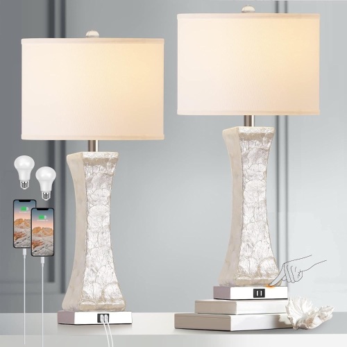 Set of 2 Touch Control Table Lamps, 28-inch Tall Coastal White Bedside Lamp with 2 USB Ports, 3-Way Dimmable Capiz Shell Nightstand Lamp with Drum Shade for Living Room, Bedroom (LED Bulbs Included) - Lot 2349