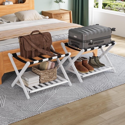Smuxee Fully Assembled White Luggage Rack Pack of 2, Bamboo Foldable Suitcase Stand with 5 Nylon Straps, Luggage Holder with Shelf for Guest Room Bedroom Hotel (White Luggage Rack 2pcs) - Lot 2350