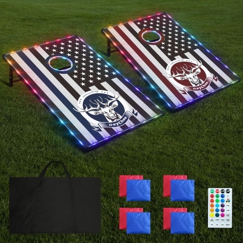 RayChee LED Cornhole Set, 4'x2'/3'x2'Regulation Size Cornhole Boards Games Set, Corn Holes Outdoor Game, Corn Hole Game Set w/ 2 Boards, 8 Beans Bags for Backyard, Beach, Lawn - Lot 2351