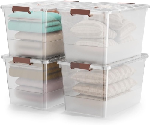 WYT 4 Pack 53qt Clear Plastic Storage Bin with Lid and Latching Buckles, Stackable Tote Organizing Box with Handle - Lot 2355