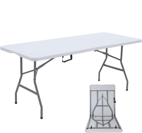 180CZ Folding Table 6 Foot Plastic Folding Table Indoor & Outdoor for Picnic, BBQ, Party, with Powder Coated Steel Legs and Built in Carry Handle - Lot 2360