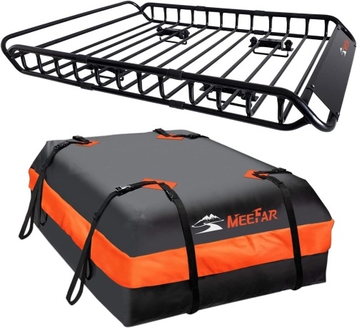 MeeFar Roof Rack Carrier Basket Universal Rooftop 51" X 36" X 5" + Waterproof Bag 15 Cubic Feet (44" 34" 17"), and Cargo Net with Attachment Hooks, Ratchet Straps - Lot 2362
