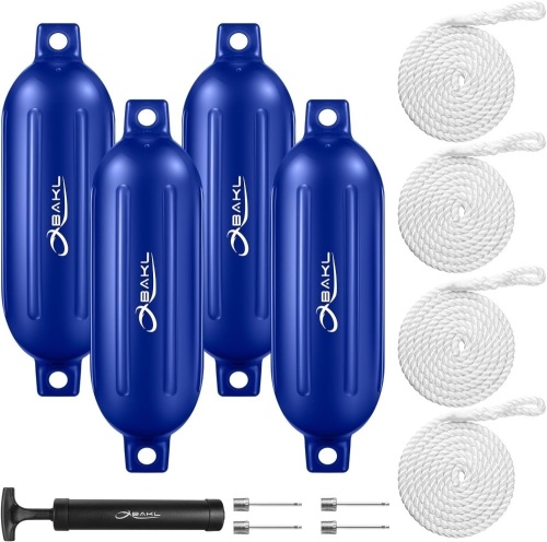 Boat Fenders 4 Pack 6.5 x 23 Inches Ribbed Twin Eyes Boat Fenders Bumpers for Docking, Comes with Ropes and Pump to inflate(Blue) - Lot 2365