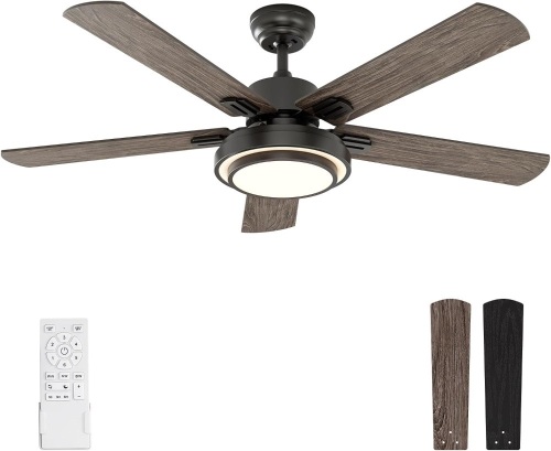 warmiplanet Ceiling Fans with Lights and Remote Control, 52 Inch, 6 Speeds Reversible DC Motor, 3 Color Dimmable Light, Timer, Noiseless, Black, 5 Blades - Lot 2370