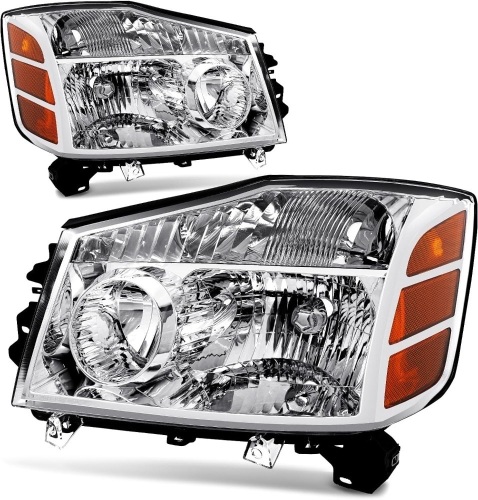 Headlight Assembly Fit for 2004-2015 Nissan Titan / 2005-2007 Armada Driver Side and Passenger Side (Chrome Housing Amber Reflector) - Lot 2371