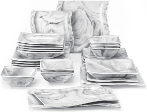 MALACASA 26 Pieces Dinnerware Sets for 6, Porcelain Plates and Bowls Sets, Square Dinnerware Set with Dinner Plates and Bowls, Dishes and Serving Platters, Marble Plates Dishware Sets, Series Flora - Lot 2505