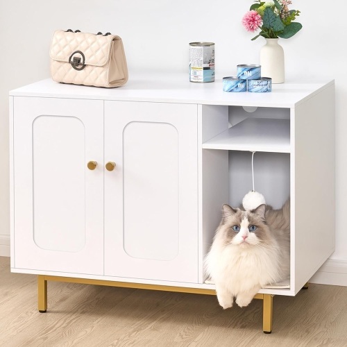 Cat Litter Box Enclosure, Hidden Litter Box Furniture, Indoor Cat House with Storage Shelf, Wooden Pet Cat Cabinet, Fits Most Litter Box, 19.7 x 31.5 x 23.9, White CB82113A - Lot 2389