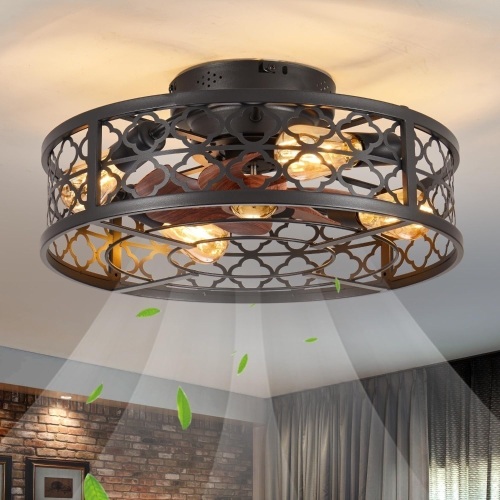 Farmhouse Ceiling Fans with Lights Remote Control,6 Speed Reversible Flush Mount Low Profile Rustic Ceiling Fan with Light with bulb 4*E26,Boho Bladeless Country Caged Ceiling Light Fixture - Lot 2450