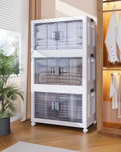 OlarHike 76QT Storage Bins with Lids - Folding Storage box with Doors and Wheels, Collapsible Plastic Storage Bins for Closets, Stackable Storage Organizer, Storage Containers for Closet, 3 Pack Cubes - Lot 2461