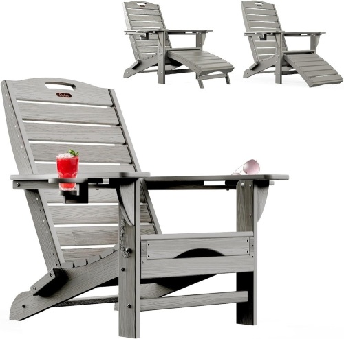 Ciokea Folding Adirondack Chair with Retractable Ottoman Fire Pit Patio Chair with Pull Out Foot Rest Weather Resistant Lawn Outdoor Lounge Chair with 2 Cup Holder (Grey) - Lot 2465