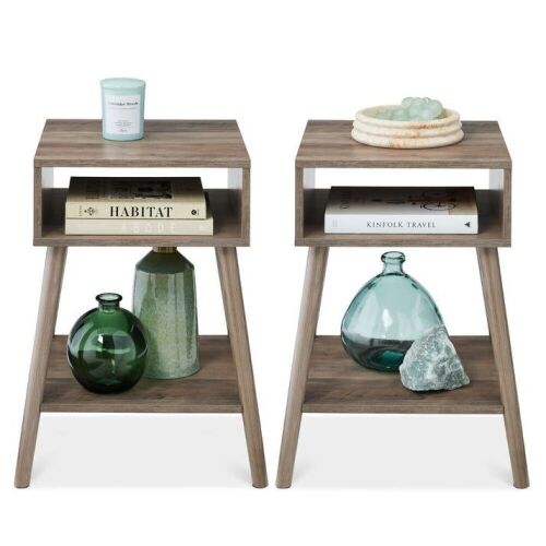 Set of 2 Mid-Century Modern End Tables w/ Cubby, Shelf - Lot 512