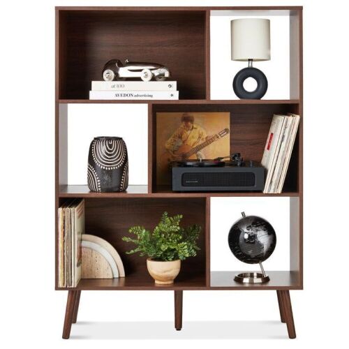 3-Tier Mid-Century Modern Wooden Bookcase w/ 3 Back Panels, Offset Legs - Lot 623