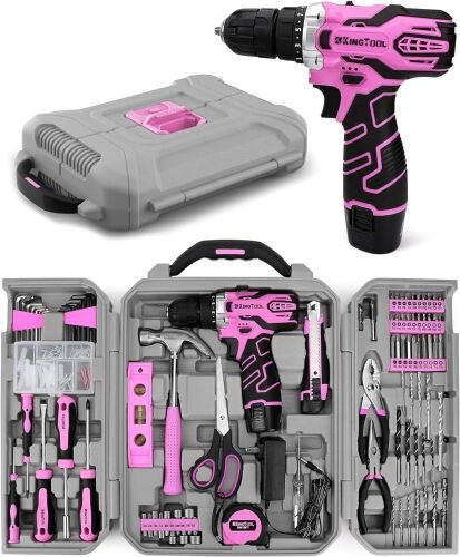 KingTool 219 Pieces Pink Tool Kit with 12V Max Power Cordless Drill - Lot 680
