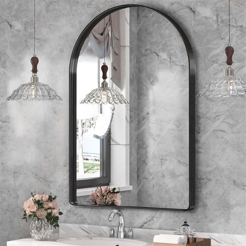 Suidia Arched Black Metal Framed Wall Mirror, 24" x 36"  - Lot 614