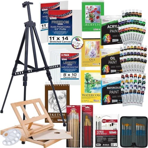 U.S. Art Supply 133-Piece Deluxe Ultimate Artist Painting Set with Aluminum and Wood Easels, 72 Paint Colors, 24 Acrylic, 24 Oil, 24 Watercolor, 8 Canvases, 44 Brushes, 4 Painting & Sketch Pads & More - Lot 82