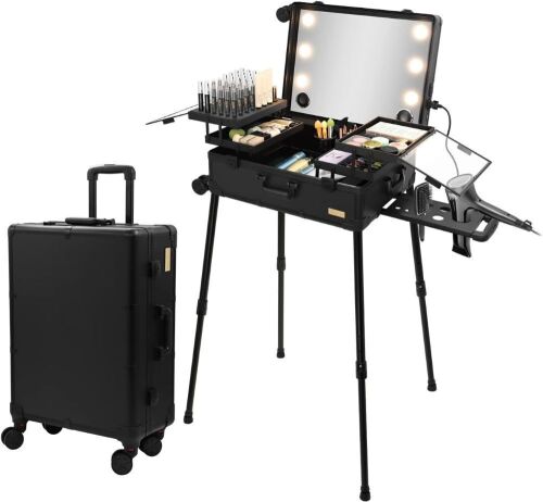 Tense Edano Extra Large Aluminum Trolley Makeup Train Case with Built-in LED Lights  - Lot 553