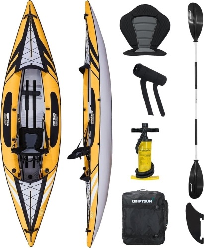 Driftsun Almanor Inflatable Kayak - Inflatable Touring Kayak - Inflatable 1 and 2 Person Kayaks for Adults with EVA Padded Seats, High Back Support, Paddles, Pump (1 Person, 2 Person, 2 Plus 1 Child) - Lot 2425
