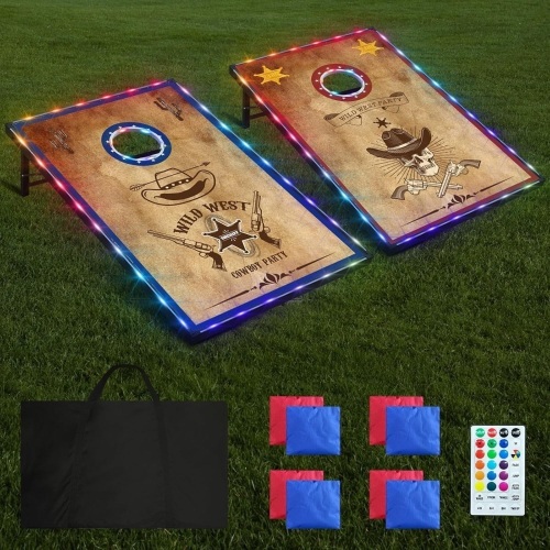 RayChee LED Cornhole Set, 4'x2'/3'x2'Regulation Size Cornhole Boards Games Set, Corn Holes Outdoor Game, Corn Hole Game Set w/ 2 Boards, 8 Beans Bags for Backyard, Beach, Lawn - Lot 2433