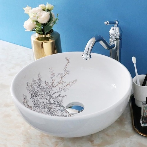 Bathroom Vessel Sink White Ceramic Sink bathroom sink bowl,bathroom sinks above counter with Vintage Chrome Faucet Combo Round Vessel Sink with Plum Blossom Pattern and Pop-up Drain Combo - Lot 2437