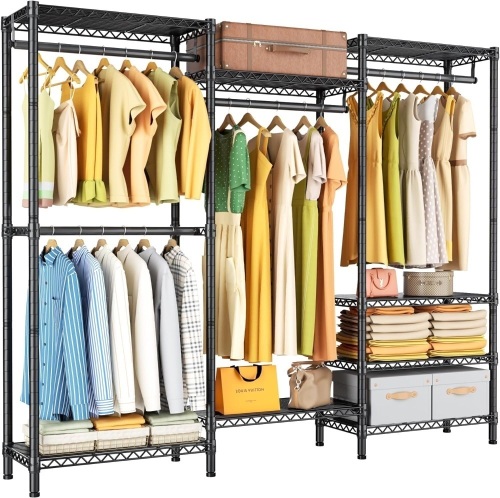 Heavy Duty Garment Rack Large Clothes Rack,Freestanding Closet Portable Clothing Rack with 8 Adjustable Wire Shelves and 4 Hang Rods,Metal Closet Storage Wardrobe Organizer System,Max Load 800lbs - Lot 2509