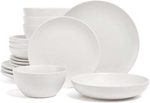 over&back Coupe Dinnerware Set - Stoneware Dishes - Comes with 4 Dinner Plates, 4 Salad Plates, 4 Cereal Bowls, and 4 Dinner Bowls - 16-Piece All-Occasion Place Settings - Semi-Matte White - Lot 2510