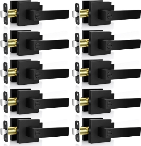 10 Pack Privacy Door Levers Heavy Duty Door Locks Without Key, Matte Black Door Knobs Keyless Flat Square Handleset Lockset for Bedroom/Bathroom/Rooms, Reversible for Left & Right Handed Doors - Lot 2518