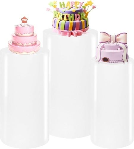 3PCS Cylinder Pedestal Stands for Parties, White Metal Round Cylinder Plinths Dessert Table Display Pillars for Birthday Wedding Bridal Baby Shower Party Decorations(Small) - Lot 2556