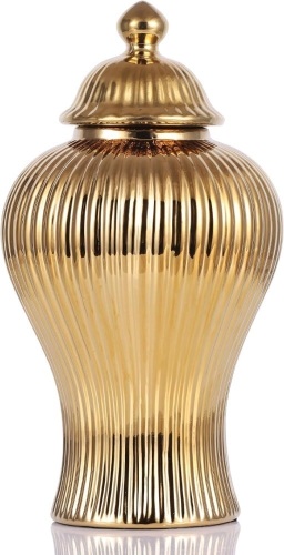 11.8" Gold Ceramic Ginger Jar Vase with Lid - Modern Luxury Ceramic Decoration Gold Ginger Jars for Home Decor, Living Room, Kitchen, Dining Table, Cabinet, Bookshelf Decor, Storage Ginger Jar - Lot 2607