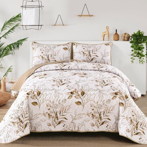 Aninbedding Floral King Quilt Set,Brown Botanical Bedspread Coverlet Set with 2 Pillowcases,Lightweight Soft Micorfiber Bedding Set for All Season(104"x90") - Lot 2609