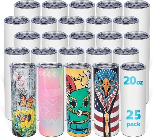 UIRZOTN 25 Pack 20 OZ Sublimation Tumbler Blanks Skinny Straight in Bulk, Stainless Steel Insulated Sublimation Tumbler with Polymer Coating for Heat Transfer, with Lid, Straw, Ribbon, Keepsake Box - Lot 2611