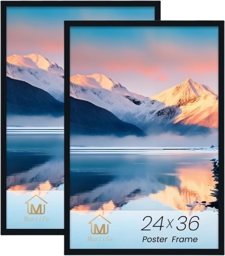 Muzilife 24×36" Black Poster Frame 2 Pack, Engineered Wood Poster Picture Frames with Plexiglass Cover and Hanging Hardware for Horizontal or Vertical, Large - Lot 2613
