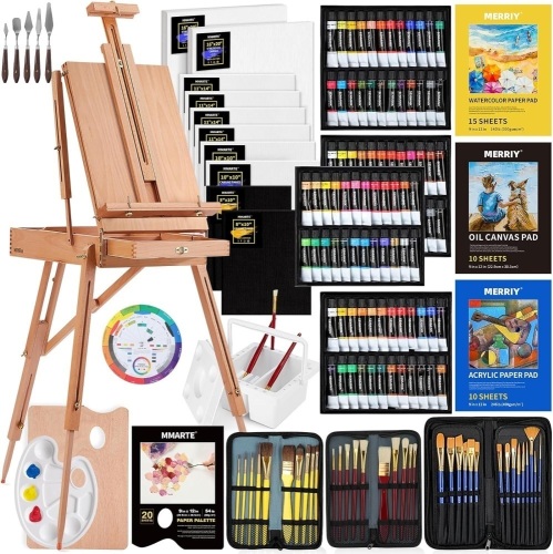 MERRIY 155-Piece Artist Painting Kit with French Easel, 48 Colors Acrylic Paints, 24 Colors Oil Paints, 24 Colors Watercolor Paints, Professional Paint kit for Adult, Artist, Beginner - Lot 2616