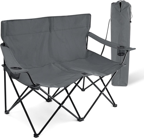 HaSteeL Foldable Camping Chair, Double Seat Folding Camp Chair for 2 Persons, Portable & Large for Outdoor Fishing, Hiking, Travel, Picnic, Beach, Lawn, Patio, Include Storage Bag (Grey) - Lot 2621