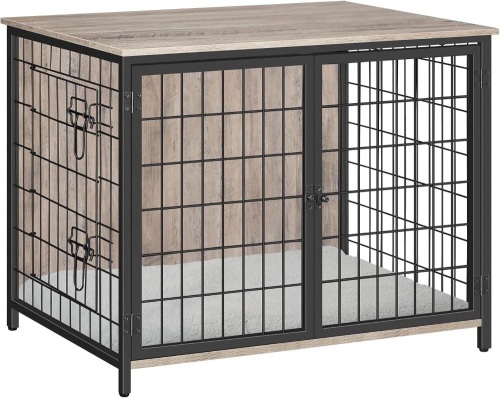 Dog Crate Furniture with Cushion, Wooden Dog Kennel with Double Doors, Heavy Duty Dog Cage for Small/Medium/Large Dogs, Indoor Dog House End Table, 31.5" L, Greige DCHG0701 - Lot 2626